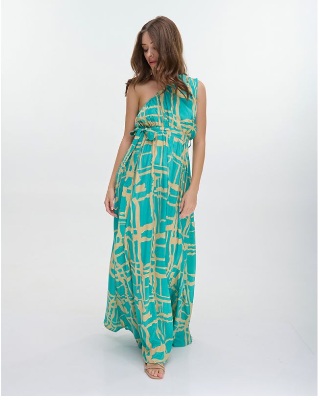 LONG ONE-SHOULDER DRESS ''BLOCKS'' IN TURQUOISE COLOR WITH GOLD DETAILS ONE SIZE (100% CREPE)