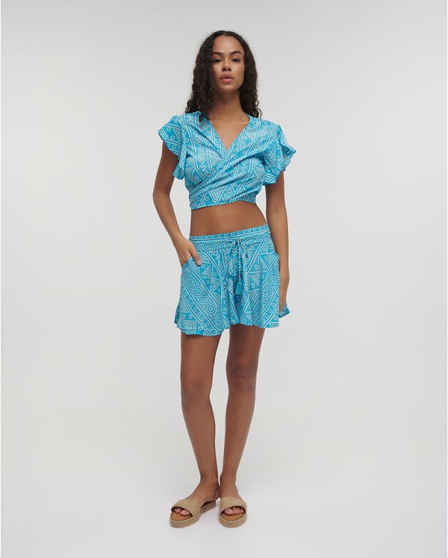 CROP WRAP TOP IN TURQUOISE COLOR WITH PRINTS ONE SIZE (100% CREPE)