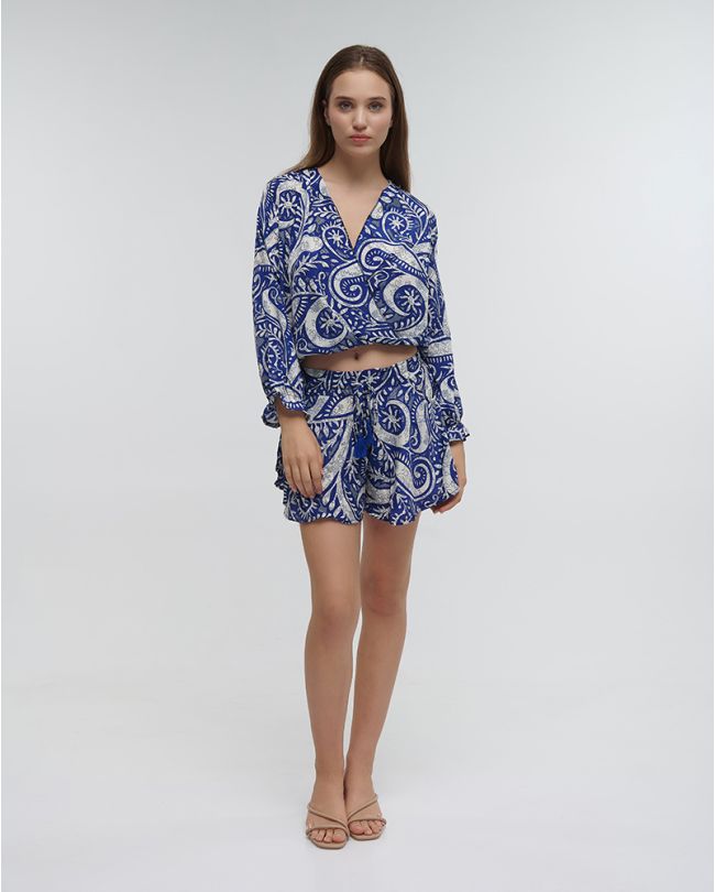 CROP WRAP PRINTED TOP IN BLUE COLOR ONE SIZE (100% RAYON)