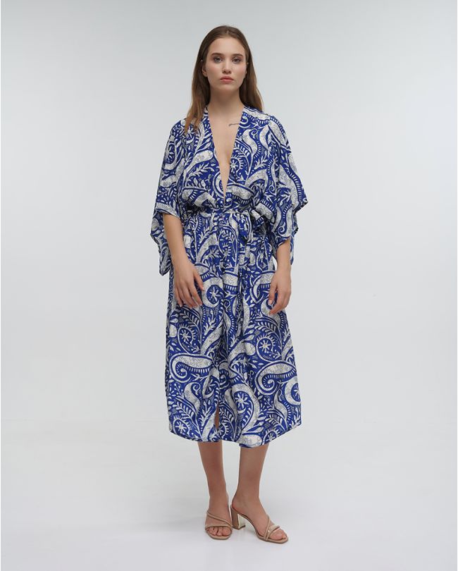 LONG PRINTED KIMONO WITH BELT IN BLUE COLOR ONE SIZE (100% RAYON)