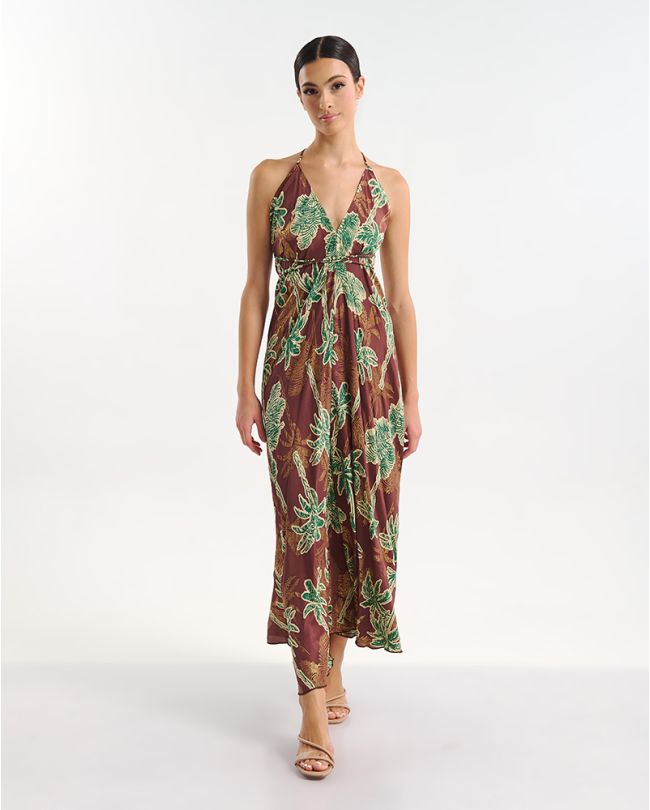 ΦΟΡΕΜΑ ΜΑΚΡΥ ΕΞΩΠΛΑΤΟ ΚΑΦΕ/ΠΡΑΣΙΝΟ ΦΟΙΝΙΚΕΣ ONE SIZE (60% SILK 40% POLYESTER)