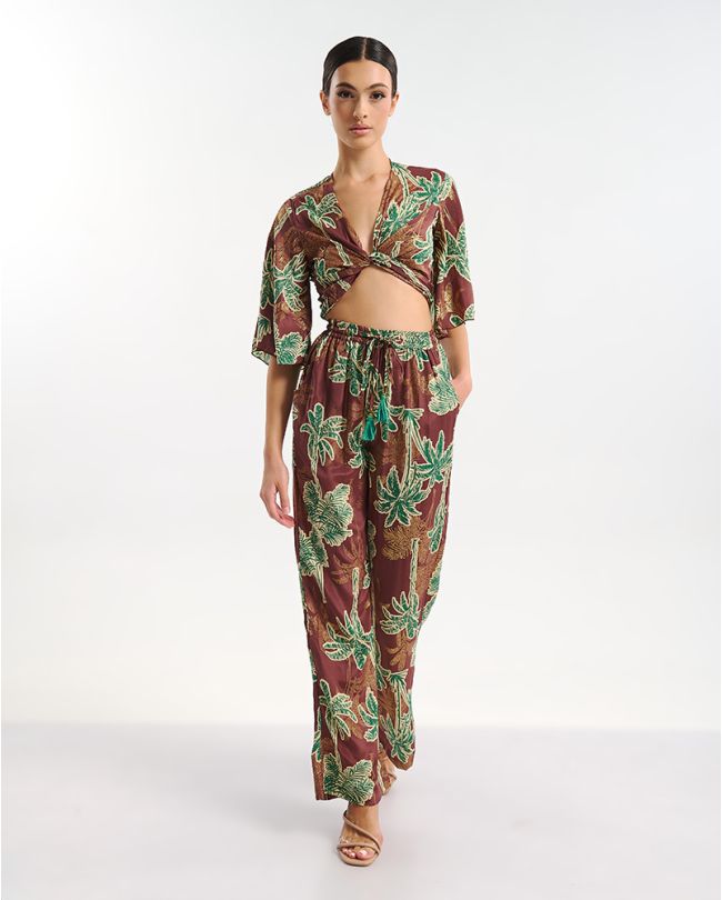 ΤΟΠ ΚΟΝΤΟ ΜΕ 3/4 ΜΑΝΙΚΙ ΔΕΤΟ ΚΑΦΕ/ΠΡΑΣΙΝΟ ΦΟΙΝΙΚΕΣ ONE SIZE  (60% SILK 40% POLYESTER)