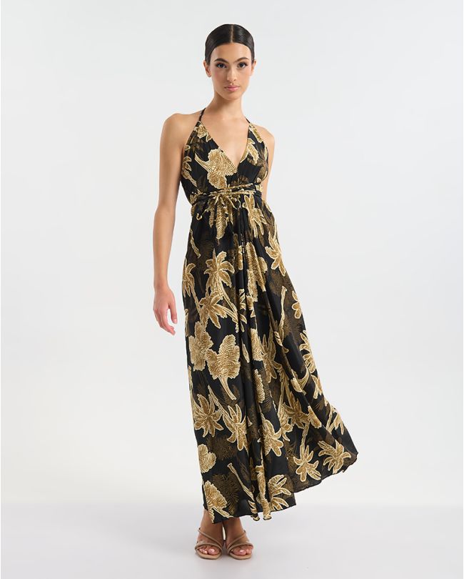 ΦΟΡΕΜΑ ΜΑΚΡΥ ΕΞΩΠΛΑΤΟ ΜΑΥΡΟ/ΧΡΥΣΟ ΦΟΙΝΙΚΕΣ ONE SIZE  (60% SILK 40% POLYESTER)