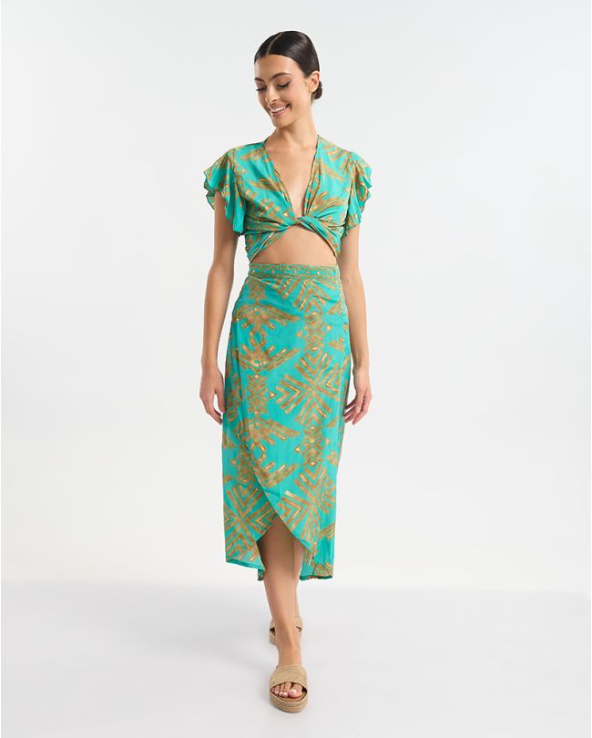 ΚΟΝΤΟ ΤΟΠ ΔΕΤΟ ΤΥΡΚΟΥΑΖ/ΠΡΑΣΙΝΟ ΜΕ ΧΡΥΣΕΣ ΛΕΠΤΟΜΕΡΕΙΕΣ ONE SIZE (60% SILK 40% POLYESTER)