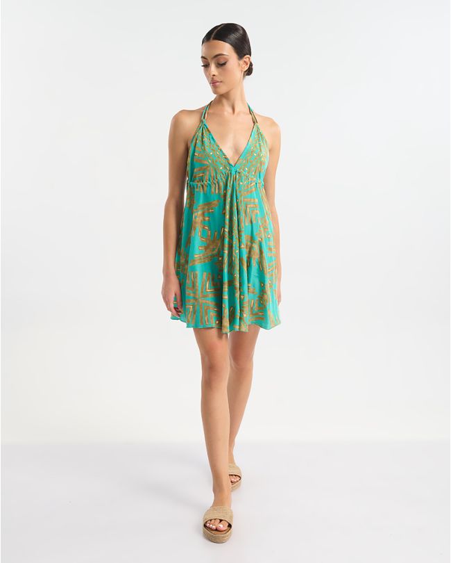 ΦΟΡΕΜΑ ΚΟΝΤΟ ΕΞΩΠΛΑΤΟ ΤΥΡΚΟΥΑΖ/ΠΡΑΣΙΝΟ ΜΕ ΧΡΥΣΕΣ ΛΕΠΤΟΜΕΡΕΙΕΣ ONE SIZE (60% SILK 40% POLYESTER)