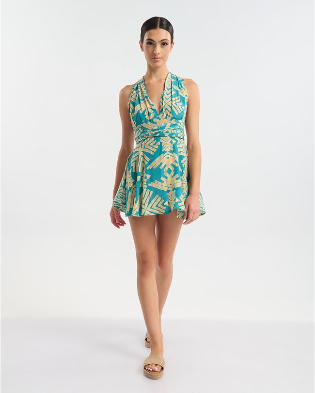 SHORT MULTIFORM DRESS TURQUOISE/GOLD WITH PATTERN ONE SIZE (60% SILK 40% POLYESTER)