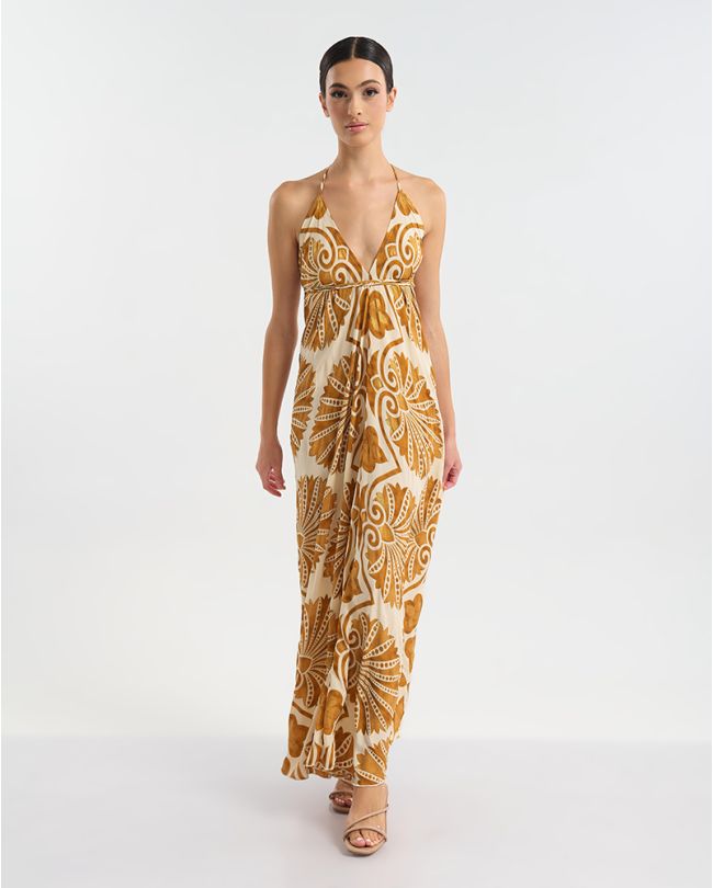 ΦΟΡΕΜΑ  ΕΞΩΠΛΑΤΟ ΜΑΚΡΥ ΣΕ ΕΚΡΟΎ ΧΡΩΜΑ ΜΕ ΧΡΥΣΕΣ ΛΕΠΤΟΜΕΡΕΙΕΣ ONE SIZE (60% SILK 40% POLYESTER)