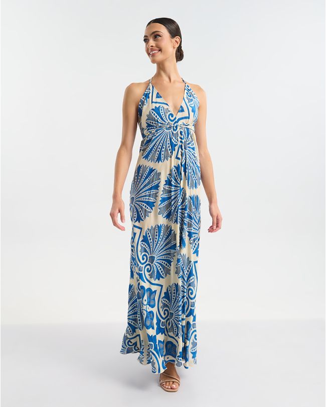 ΦΟΡΕΜΑ ΜΑΚΡΥ ΕΞΩΠΛΑΤΟ ΛΕΥΚΌ ΜΕ ΜΠΛΕ/ ΧΡΥΣΕΣ ΛΕΠΤΟΜΕΡΕΙΕΣ ONE SIZE (60% SILK 40% POLYESTER)