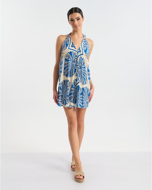 ΦΟΡΕΜΑ ΚΟΝΤΟ ΕΞΩΠΛΑΤΟ ΛΕΥΚΌ ΜΕ ΜΠΛΕ/ ΧΡΥΣΕΣ ΛΕΠΤΟΜΕΡΕΙΕΣ ONE SIZE  (60% SILK 40% POLYESTER)