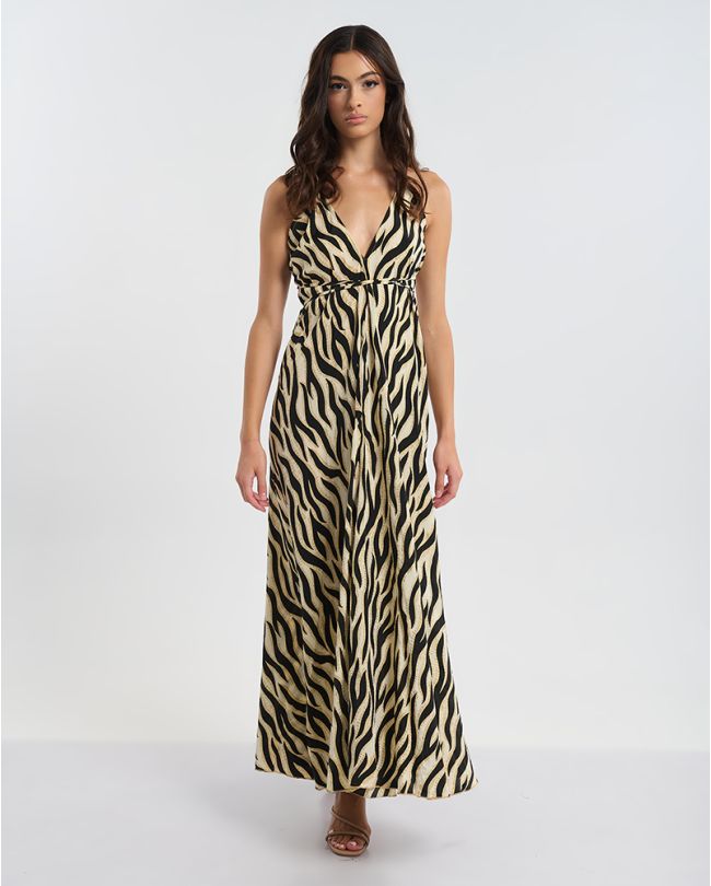 ΦΟΡΕΜΑ ΜΑΚΡΥ ΕΞΩΠΛΑΤΟ ΕΚΡΟΥ/ΜΑΥΡΟ ΜΕ ΖΕΒΡΕ ΛΕΠΤΟΜΕΡΕΙΕΣ ONE SIZE (60% SILK 40% POLYESTER)