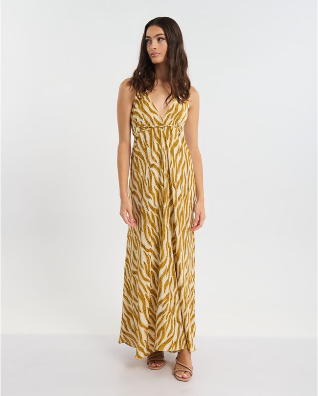 ΦΟΡΕΜΑ ΕΞΩΠΛΑΤΟ ΜΑΚΡΥ ΚΑΦΕ/ΜΟΥΣΤΑΡΔΙ ΖΕΒΡΕ ONE SIZE (60% SILK 40% POLYESTER)