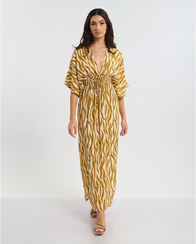 LONG DRESS WITH 3/4 SLEEVES BROWN/MUSTARD ZEBRA ONE SIZE  (60% SILK 40% POLYESTER)