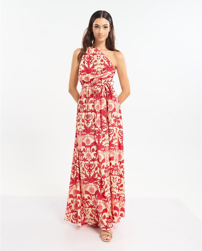 LONG ONE-SHOULDER DRESS RED/ECRU WITH FLORAL PATTERN ONE SIZE  (60% SILK 40% POLYESTER)