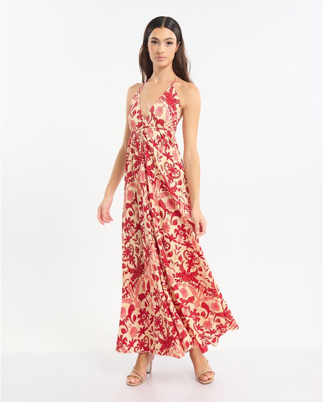 LONG BACKLESS DRESS RED/ECRU WITH FLORAL PATTERN ONE SIZE (60% SILK 40% POLYESTER)