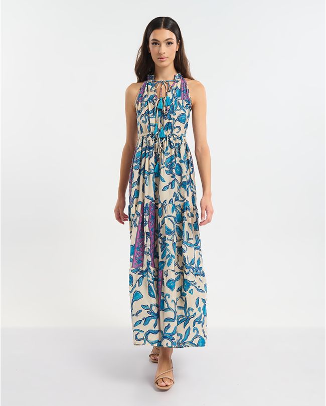 ΦΟΡΕΜΑ ΜΑΚΡΥ ΑΜΑΝΙΚΟ ΕΚΡΟΥ ΜΕ ΜΠΛΕ/ΧΡΥΣΑ ΛΟΥΛΟΥΔΙΑ ONE SIZE  (60% SILK 40% POLYESTER)