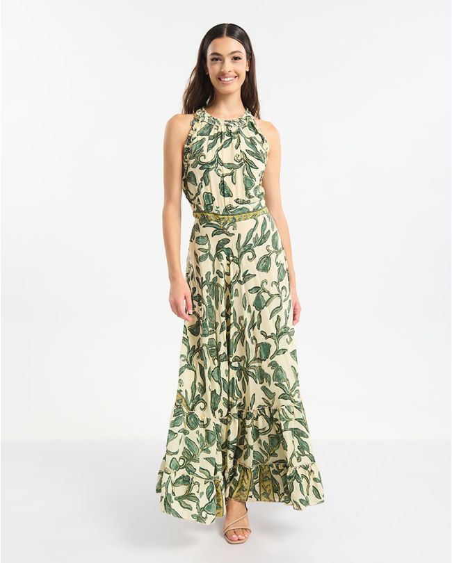 ΑΜΑΝΙΚΟ ΦΟΡΕΜΑ ΜΑΚΡΥ ΣΕ ΕΚΡΟΎ ΜΕ ΧΡΥΣΕΣ/ΠΡΑΣΙΝΕΣ ΛΕΠΤΟΜΕΡΕΙΕΣ ONE SIZE  (60% SILK 40% POLYESTER)