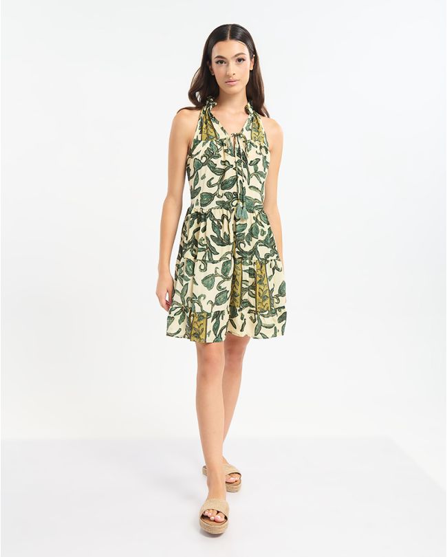 ΦΟΡΕΜΑ ΜΕ ΓΙΑΚΑ ΚΟΝΤΟ ΑΜΑΝΙΚΟ ΣΕ ΕΚΡΟΎ ΜΕ ΧΡΥΣΕΣ/ΠΡΑΣΙΝΕΣ ΛΕΠΤΟΜΕΡΕΙΕΣ ONE SIZE  (60% SILK 40% POLYESTER)