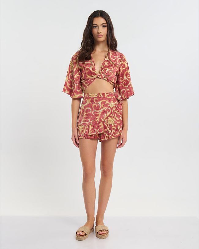 ΚΟΝΤΟ ΤΟΠ 3/4 ΔΕΤΟ ΣΕ ΚΟΚΚΙΝΟ ΧΡΩΜΑ ΜΕ ΧΡΥΣΕΣ ΛΕΠΤΟΜΕΡΕΙΕΣ ONE SIZE (60% SILK 40% POLYESTER)