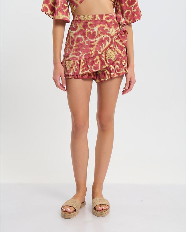 SHORT TIE-WAIST SKIRT IN RED COLOR WITH GOLD DETEAILS M/L (60% SILK 40% POLYESTER)