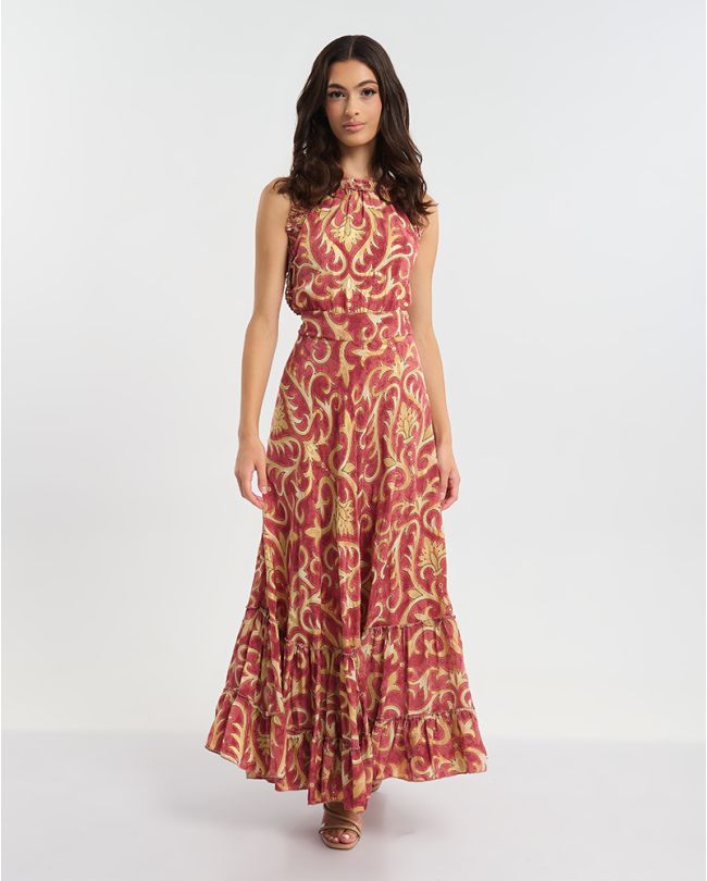 ΜΑΚΡΥ ΑΜΑΝΙΚΟ ΦΟΡΕΜΑ ΣΕ ΚΟΚΚΙΝΟ ΧΡΩΜΑ ΜΕ ΧΡΥΣΕΣ ΛΕΠΤΟΜΕΡΕΙΕΣ ONE SIZE (60% SILK 40% POLYESTER)