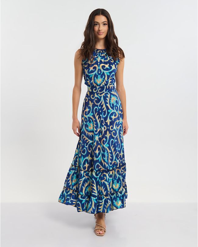 ΑΜΑΝΙΚΟ ΦΟΡΕΜΑ ΜΑΚΡΥ ΜΠΛΕ ΜΕ ΤΥΡΚΟΥΑΖ/ΧΡΥΣΕΣ ΛΕΠΤΟΜΕΡΕΙΕΣ ONE SIZE  (60% SILK 40% POLYESTER)