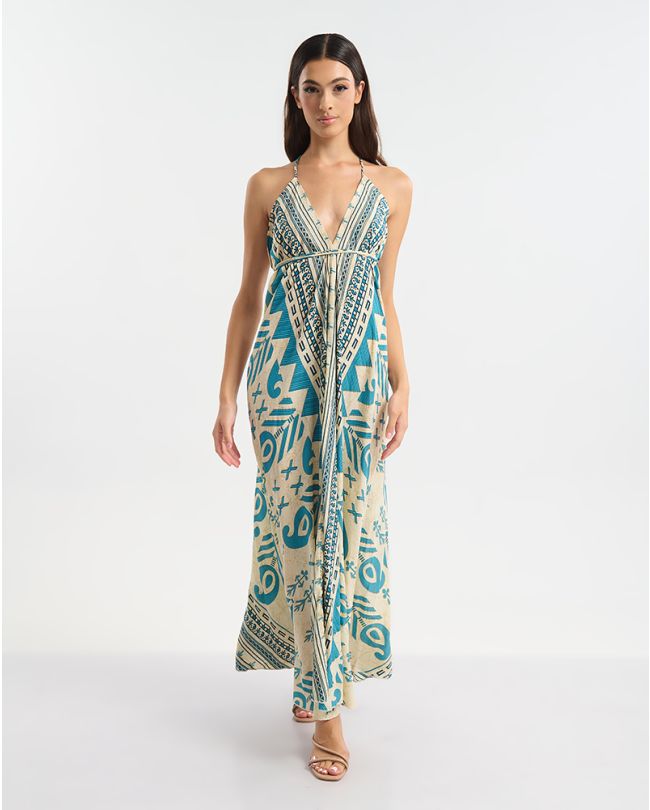 ΦΟΡΕΜΑ ΕΞΩΠΛΑΤΟ ΜΑΚΡΥ ΕΚΡΟΥ ΜΕ ΜΠΛΕ ΜΟΤΙΒΟ ONE SIZE  (60% SILK 40% POLYESTER)