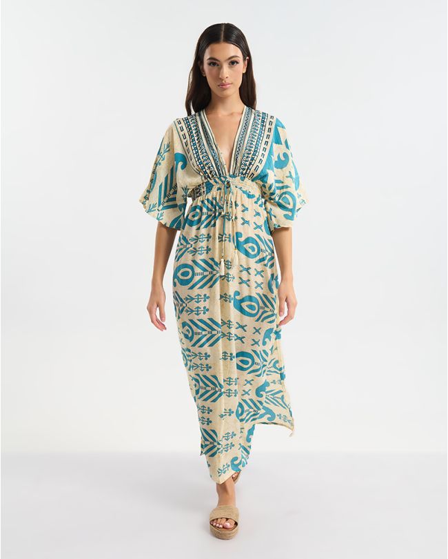 ΦΟΡΕΜΑ ΜΑΚΡΥ ΜΕ 3/4 ΜΑΝΙΚΙ  ΕΚΡΟΥ ΜΕ ΜΠΛΕ ΜΟΤΙΒΟ ONE SIZE (60% SILK 40% POLYESTER)