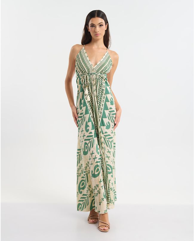 ΦΟΡΕΜΑ ΕΞΩΠΛΑΤΟ ΜΑΚΡΥ ΕΚΡΟΥ ΜΕ ΠΡΑΣΙΝΟ ΜΟΤΙΒΟ ONE SIZE (60% SILK 40% POLYESTER)