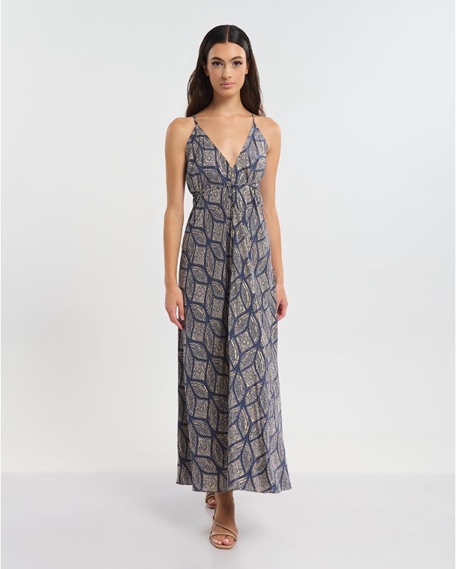 LONG BACKLESS DRESS IN BLUE COLOR WITH  DIAMOND PATTERN ONE SIZE (60% SILK 40% POLYESTER)