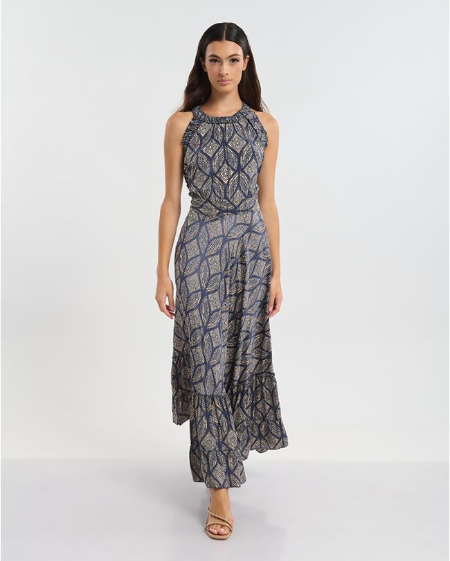 ΦΟΡΕΜΑ ΑΜΑΝΙΚΟ ΜΑΚΡΥ ΣΕ ΜΠΛΕ ΜΕ ΡΟΜΒΟΥΣ ONE SIZE  (60% SILK 40% POLYESTER)