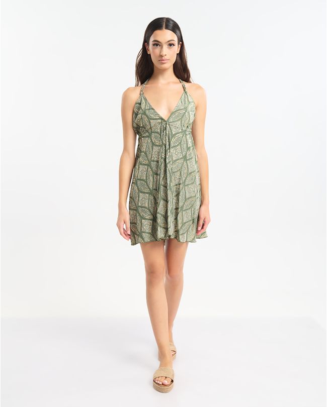 SHORT BACKLESS DRESS IN GREEN COLOR WITH  DIAMOND PATTERN ONE SIZE (60% SILK 40% POLYESTER)