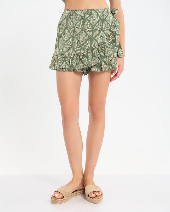 SHORT TIE-WAIST SKIRT IN GREEN COLOR WITH  DIAMOND PATTERN S/M (60% SILK 40% POLYESTER)