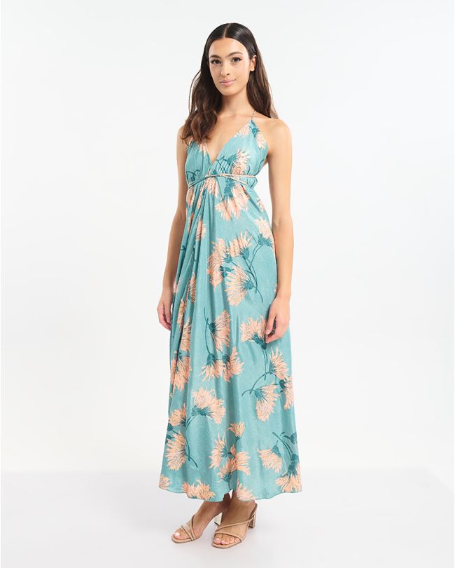 ΦΟΡΕΜΑ ΜΑΚΡΥ ΕΞΩΠΛΑΤΟ ΣΕ ΓΑΛΑΖΙΟ ΧΡΩΜΑ ΜΕ ΕΚΡΟΎ ΛΕΠΤΟΜΕΡΕΙΕΣ ONE SIZE  (60% SILK 40% POLYESTER)