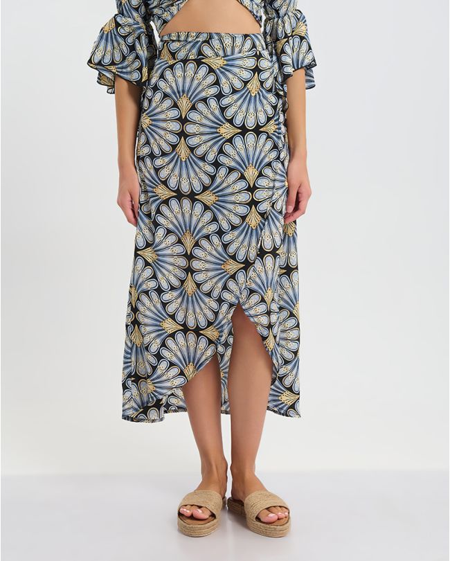 ΜΑΚΡΙΑ ΦΟΥΣΤΑ  ΣΕ ΜΠΛΕ ΜΕ ΧΡΥΣΑ ΦΥΛΛΑ ONE SIZE  (60% SILK 40% POLYESTER)