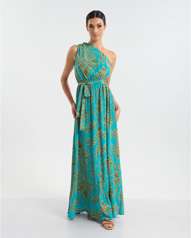 ΦΟΡΕΜΑ ΜΑΚΡΥ ΜΕ 1 ΩΜΟ ΤΥΡΚΟΥΑΖ/ΧΡΥΣΟ ΜΕ ΑΡΧΑΙΟΕΛΛΗΝΙΚΟ ΥΦΟΣ ONE SIZE  (60% SILK 40% POLYESTER)