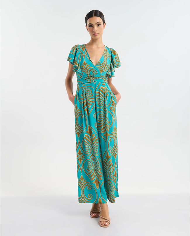 ΟΛΟΣΩΜΗ ΦΟΡΜΑ ΜΑΚΡΙΑ ΜΕ ΚΟΝΤΟ ΜΑΝΙΚΙ ΤΥΡΚΟΥΑΖ/ΧΡΥΣΟ ΜΕ ΑΡΧΑΙΟΕΛΛΗΝΙΚΟ ΥΦΟΣ ONE SIZE  (60% SILK 40% POLYESTER)