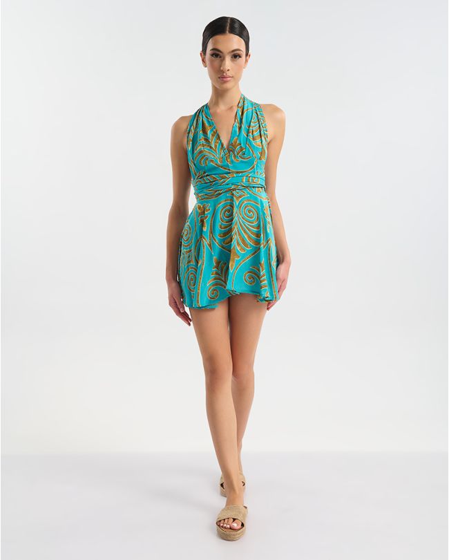 SHORT MULTIFORM DRESS IN TURQUOISE/GOLD WITH ANCIENT GREEK STYLE – ONE SIZE  (60% SILK 40% POLYESTER)