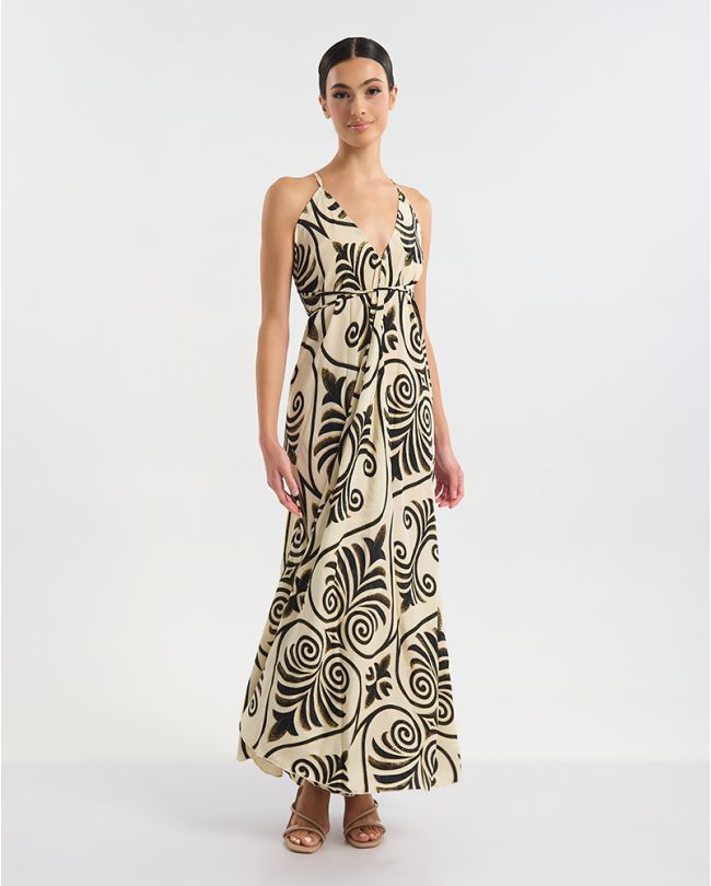 ΦΟΡΕΜΑ ΜΑΚΡΥ ΕΞΩΠΛΑΤΟ ΕΚΡΟΎ ΜΕ ΜΑΥΡΕΣ/ΧΡΥΣΕΣ ΛΕΠΤΟΜΕΡΕΙΕΣ ONE SIZE (60% SILK 40% POLYESTER)