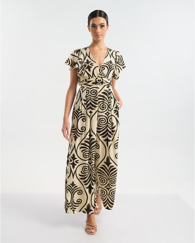 ΟΛΟΣΩΜΗ ΦΟΡΜΑ ΜΑΚΡΙΑ ΜΕ ΚΟΝΤΟ ΜΑΝΙΚΙ ΕΚΡΟΎ ΜΕ ΜΑΥΡΕΣ/ΧΡΥΣΕΣ ΛΕΠΤΟΜΕΡΕΙΕΣ ONE SIZE  (60% SILK 40% POLYESTER)