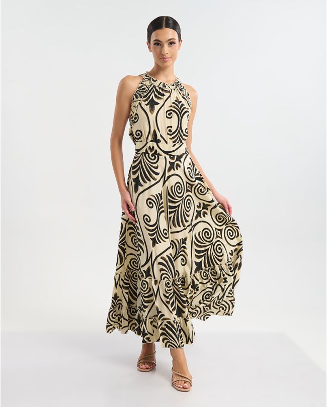 ΦΟΡΕΜΑ ΜΑΚΡΥ ΑΜΑΝΙΚΟ ΕΚΡΟΎ ΜΕ ΜΑΥΡΕΣ/ΧΡΥΣΕΣ ΛΕΠΤΟΜΕΡΕΙΕΣ ONE SIZE (60% SILK 40% POLYESTER)