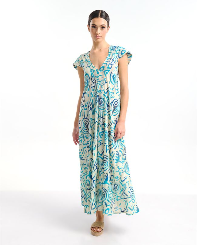 ΚΑΦΤΑΝΙ ΜΑΚΡΥ ΛΕΥΚΟ ΜΕ ΜΠΛΕ/ ΤΙΡΚΟΥΑΖ ΣΧΕΔΙΑ ONE SIZE (100% COTTON)