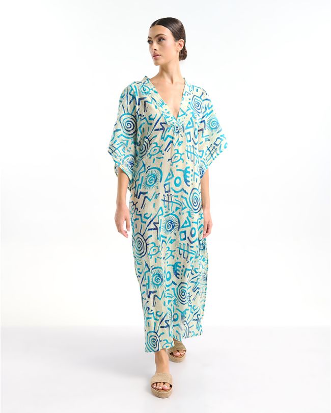 ΦΟΡΕΜΑ ΜΑΚΡΥ ΚΟΝΤΟΜΑΝΙΚΟ ΛΕΥΚΟ ΜΕ ΜΠΛΕ/ ΤΙΡΚΟΥΑΖ ΣΧΕΔΙΑ ONE SIZE  (100% COTTON)