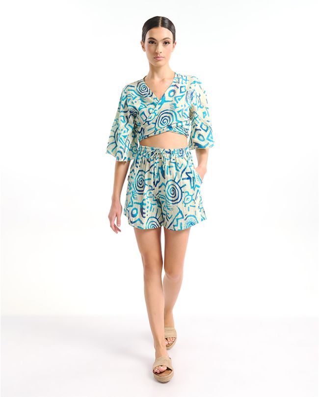 ΤΟΠ ΚΟΝΤΟ ΜΕ 3/4 ΜΑΝΙΚΙ ΛΕΥΚΟ ΜΕ ΜΠΛΕ/ ΤΙΡΚΟΥΑΖ ΣΧΕΔΙΑ ONE SIZE  (100% COTTON)