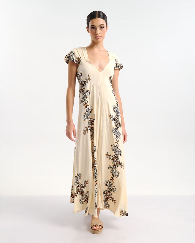 LONG DRESS WITH SHORT SLEEVES IN ECRU COLOR WITH GEOMETRICAL PRINTS ONE SIZE (100% RAYON)