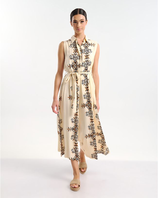 LONG JUMPSUIT IN ECRU COLOR WITH GEOMETRICAL PRINTS ONE SIZE (100% RAYON)