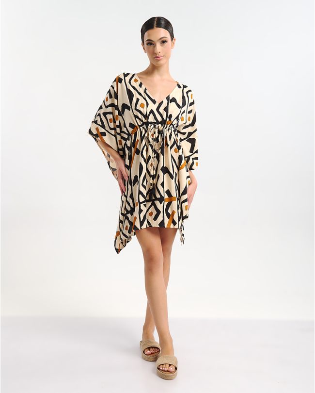 SHORT KAFTAN IN BEIGE/BLACK COLOR WITH PRINTS ONE SIZE (100% RAYON)
