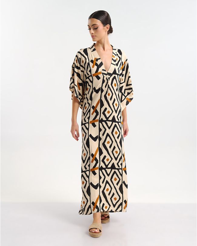 LONG KAFTAN IN BEIGE/BLACK COLOR WITH PRINTS ONE SIZE (100% RAYON)