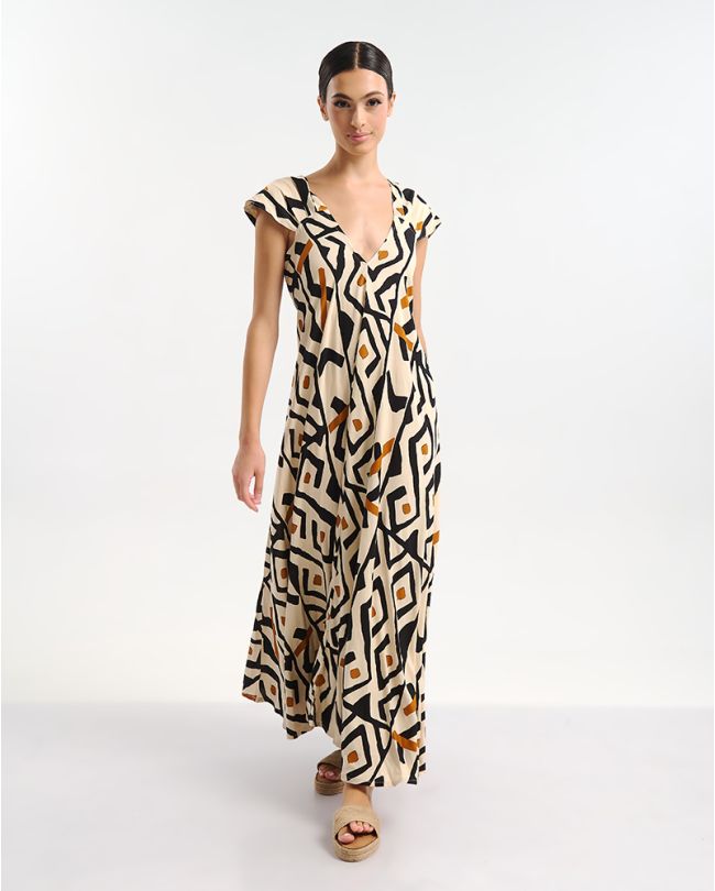 ΦΟΡΕΜΑ ΜΑΚΡΥ ΚΟΝΤΟΜΑΝΙΚΟ ΜΠΕΖ/ΜΑΥΡΟ ΜΕ  ΣΧΕΔΙΑ ONE SIZE (100% RAYON)