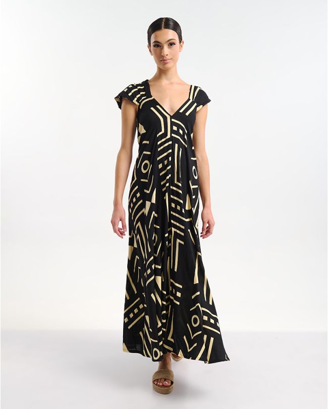 LONG KAFTAN IN BLACK COLOR WITH GEOMETRICAL PRINTS ONE SIZE (100% RAYON)