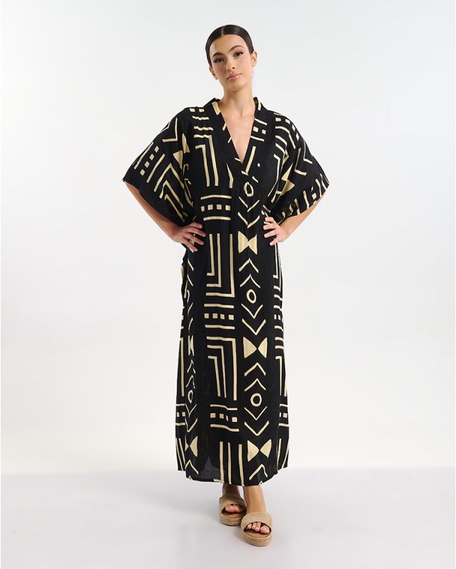 LONG DRESS WITH SHORT SLEEVES IN BLACK COLOR WITH GEOMETRICAL PRINTS ONE SIZE (100% RAYON)